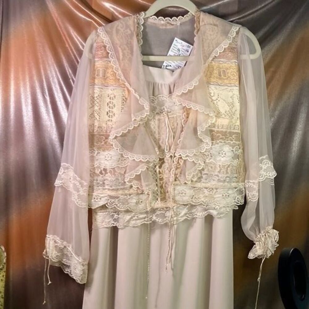 Vintage 1970’s Jack Bryan 3 Piece Jacket Skirts Boho Set Lace Ribbon Size S 32”